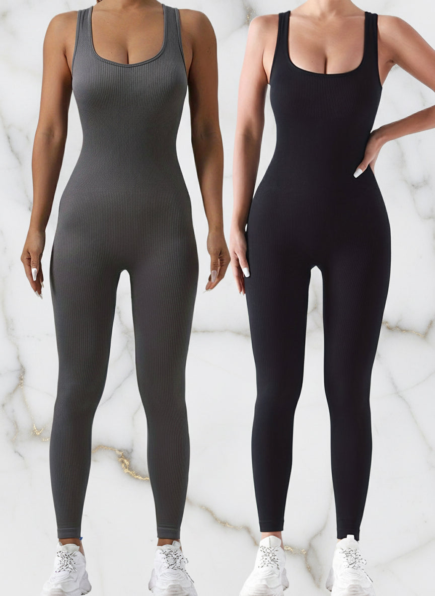 2 Pack Women's Ribbed Solid Color One-Piece Jumpsuit, Form-Fitting Sensual Activewear, Classic Sleeveless Full-Length Pants For Sport Casual Wear